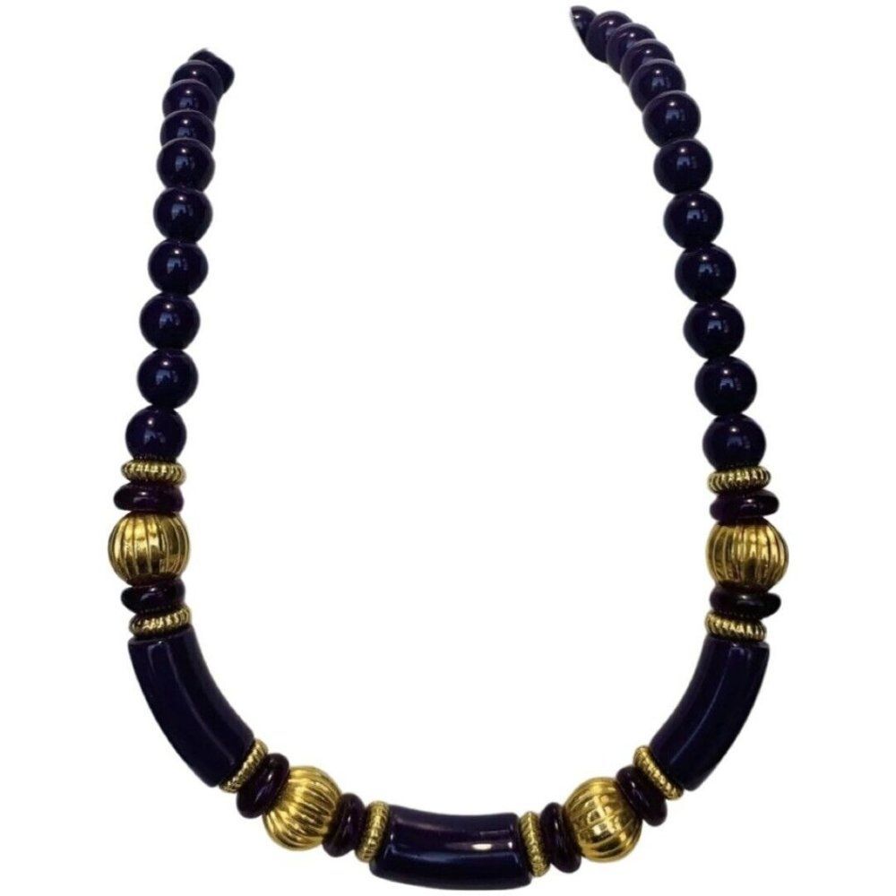 Trifari Womens Dark Purple Chunky Beaded Gold Tone Princess Vintage Necklace 18”